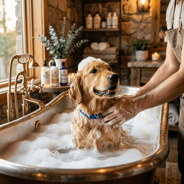 A calm pet grooming spa bath